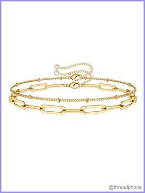 Dainty 14K Gold Plated Layered Beads Bracelet with Evil Eye, Oval Chain, Pearl,